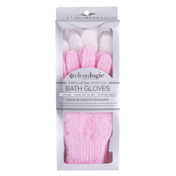 Cleanlogic Exfoliating Stretch Bath & Shower Gloves, Pink & White (Pack of 2)