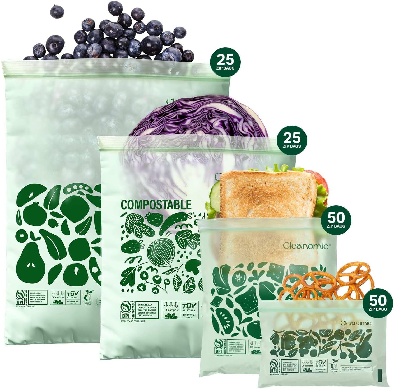 Cleanomic Compostable* Food Storage Bag Bundle Gallon, Quart