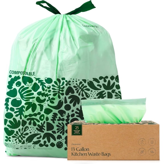 Cleanomic Compostable Tall Kitchen Trash Bags with Drawstring, 13 Gallon, Unscented, Green, 25 Count