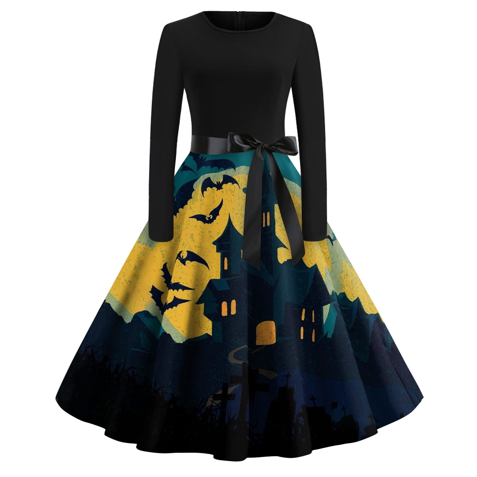 Cleanrance! Bxzhiri Halloween Print Flare Dress For Women Long Sleeve