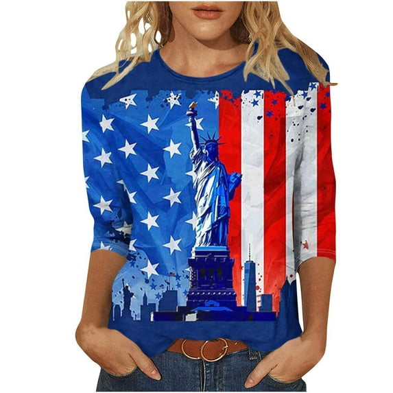 Cleans Summer Plus Size Patriotic T-Shirts for Women，Ladies Usa Flag Star Tops Shirts Crew Neck Tees 3/4 Length Sleeve Tops Vintage Causal T Shirts American Flag Stra Graphic Tunic Blouse Clothes