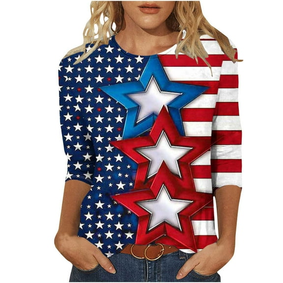 Cleans Summer Plus Size Patriotic T-Shirts for Women，Ladies Usa Flag Star Tops Shirts Crew Neck Tees 3/4 Length Sleeve Tops Vintage Causal T Shirts American Flag Stra Graphic Tunic Blouse Clothes