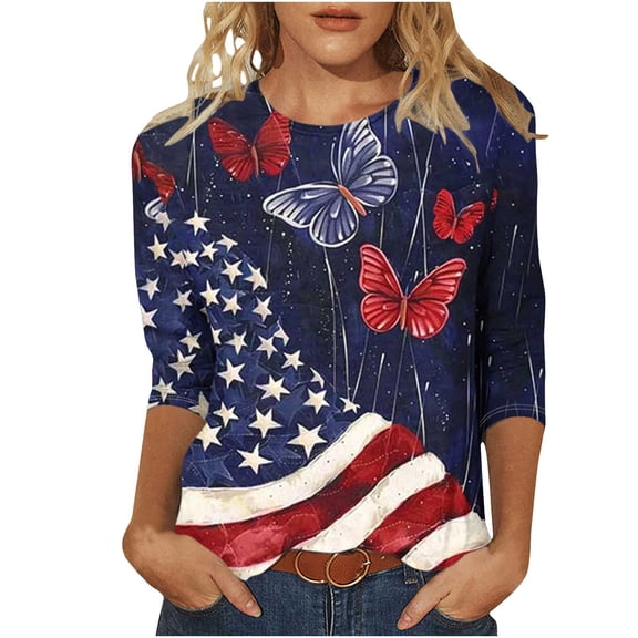Cleans Summer Plus Size Patriotic T-Shirts for Women，Ladies Usa Flag Star Tops Shirts Crew Neck Tees 3/4 Length Sleeve Tops Vintage Causal T Shirts American Flag Stra Graphic Tunic Blouse Clothes