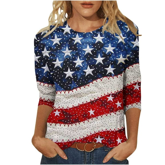 Cleans Summer Plus Size Patriotic T-Shirts for Women，Ladies Usa Flag Star Tops Shirts Crew Neck Tees 3/4 Length Sleeve Tops Vintage Causal T Shirts American Flag Stra Graphic Tunic Blouse Clothes
