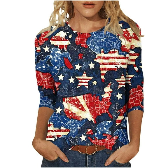 Cleans Summer Plus Size Patriotic T-Shirts for Women，Ladies Usa Flag Star Tops Shirts Crew Neck Tees 3/4 Length Sleeve Tops Vintage Causal T Shirts American Flag Stra Graphic Tunic Blouse Clothes
