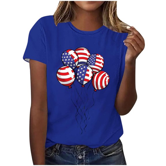 Cleans Summer Womens Cotton T-Shirts Balloon Graphic American Flag Printed Tee Shirts Crew Neck Tee Short Sleeve Tops Dressy Causal T Shirts Beach Vacation Outfits Trendy Independence Day Outfit