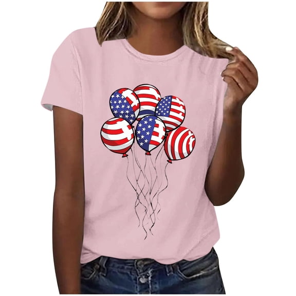 Cleans Summer Womens Cotton T-Shirts Balloon Graphic American Flag Printed Tee Shirts Crew Neck Tee Short Sleeve Tops Dressy Causal T Shirts Beach Vacation Outfits Trendy Independence Day Outfit