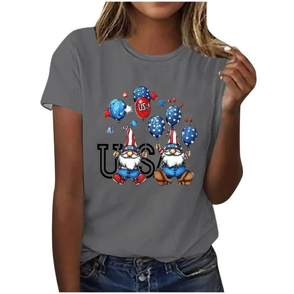 Cleans Summer Womens Cotton T-Shirts Balloon Graphic American Flag Printed Tee Shirts Crew Neck Tee Short Sleeve Tops Dressy Causal T Shirts Beach Vacation Outfits Trendy Independence Day Outfit