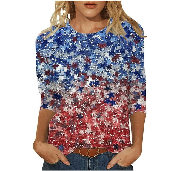 Cleans Womens 4Th of July Patriotic Tunic Tops Plus Size Pullover Sweater Blouses Independence Day Tee Shirts Round Neck 3/4 Sleeve Top Usa Flag Star Tees Causal Vintage T Shirts Beach Clothes