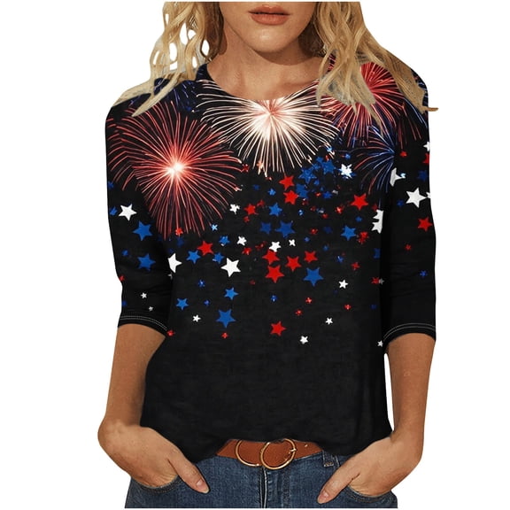 Cleans Womens 4Th of July Patriotic Tunic Tops Plus Size Pullover Sweater Blouses Independence Day Tee Shirts Round Neck 3/4 Sleeve Top Usa Flag Star Tees Causal Vintage T Shirts Beach Clothes