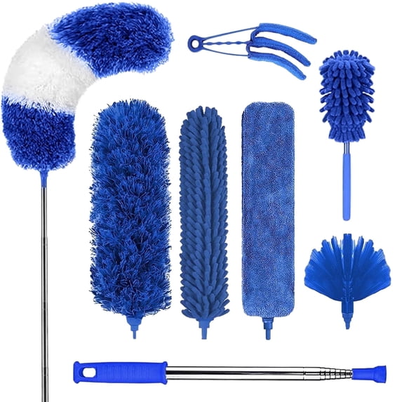 CLNEZ 8PCS Microfiber Duster with Detachable Extension Pole(Stainless Steel) 30-100" Duster Cleaning Kit