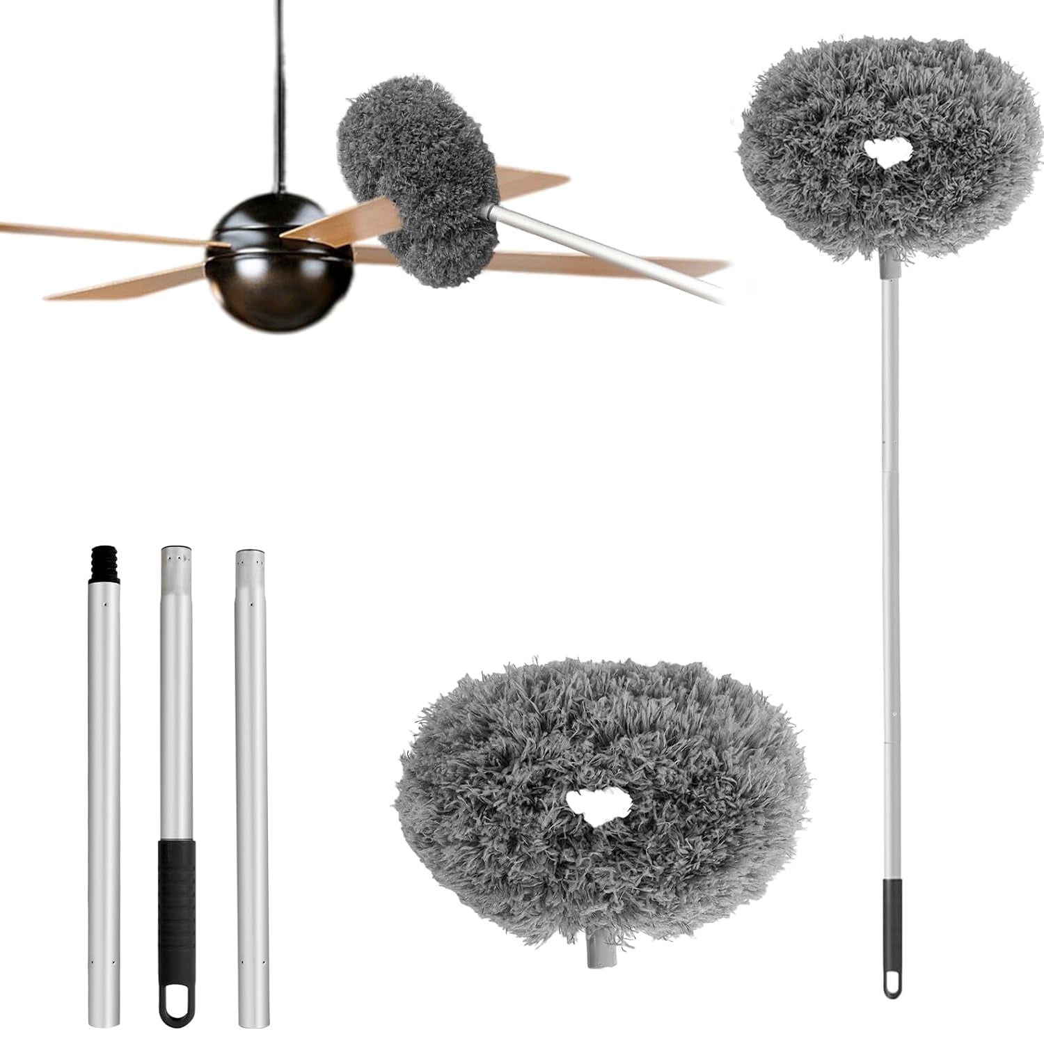 Cleanse Home Microfiber Ceiling Fan Duster with Extension Handle - Reusable & Washable (Gray)