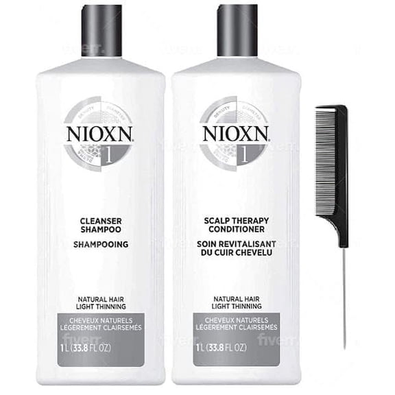 Cleanser Shampoo & Scalp Therapy Conditioner Set, Black Steel Comb, Hair Thickening Natural Hair Growth, Men & Women 33.8 oz (System 1), Grey