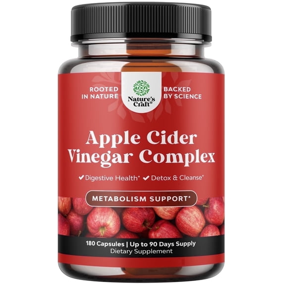 Natures Craft Extra Strength Apple Cider Vinegar Capsules for Gut Health & Detox Pills, 180 Count