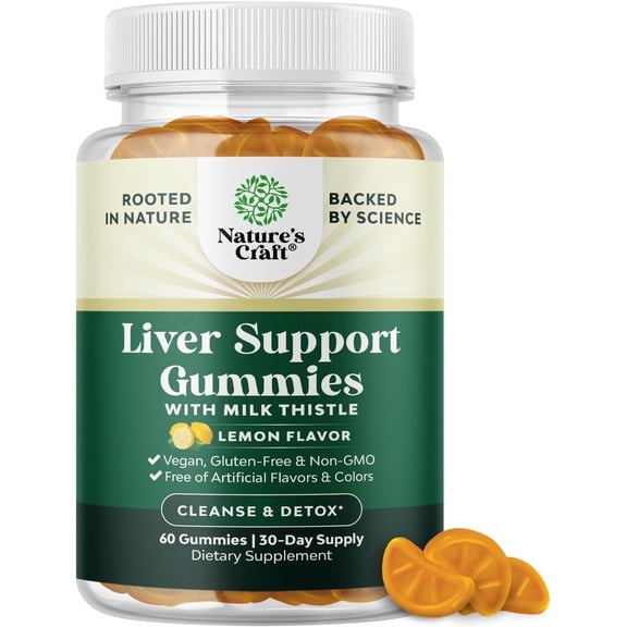 Cleansing Herbal Liver Detox Gummies Support Milk Thistle with Artichoke Extract Turmeric Curcumin and L-Carnitine - Vegan Non-GMO Sweet Lemon (30 Servings)