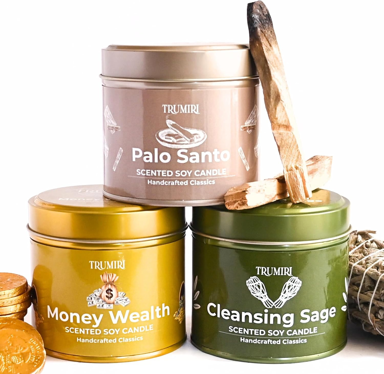 Cleansing Sage, Palo Santo, Money Wealth Soy Candles Non Toxic