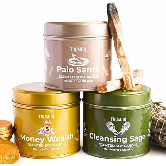 Cleansing Sage, Palo Santo, Money Wealth - Soy Candles Non Toxic - Highly Scented Long Lasting with Essential Oils - Variety Pack of 3 x 5oz - for Home Aromatherapy Meditation Gift Travel