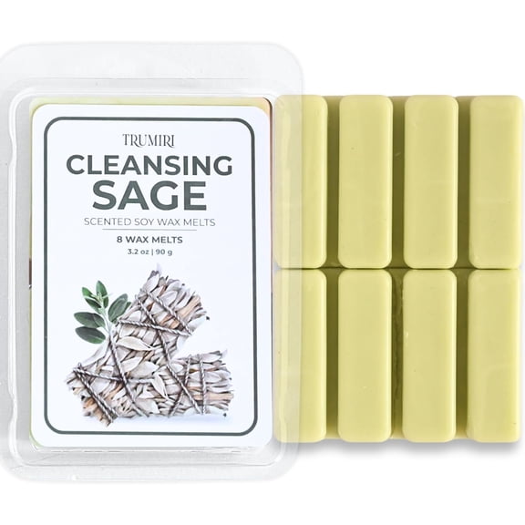 Cleansing Sage Scented Wax Melts - Natural Non Toxic Total 1 Pack of 8 Wax Melts - Long Lasting Strong Scent Pet Safe Candle Wax Cubes Tarts For Warmers - For Cleansing Negative Energy And Protection