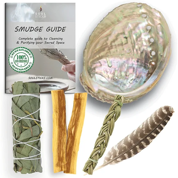 Cleansing Sage Smudge Kit | Eucalyptus Smudge Stick, Sweetgrass Braid, 2 Palo Santo Sticks, Abalone Shell, & Feather Smudging Kit for Meditation, Yoga, Reiki, Home Cleansing