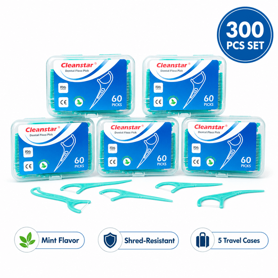 Cleanstar 300 Count Mint Dental Floss Picks, Shred-Resistant High Polymer Flosser Sticks with 5 Portable Travel Cases for Family Daily Oral Care