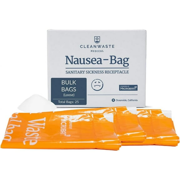 Cleanwaste Medical Grade Nausea Vomit Bag with Microban, Instant Gelling Powder, Leak Free, 1 Box (25 Drawstring Bags)