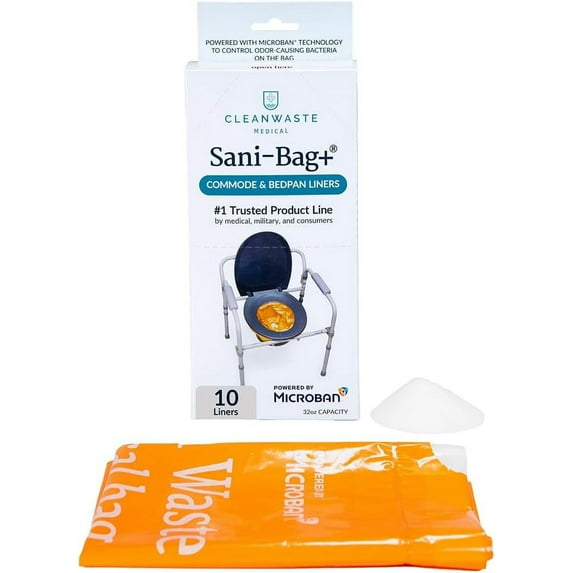 Cleanwaste Medical Grade Sani-Bag+ Commode Liners with Microban, Absorbent Gelling Powder for Urine/Poop, No Odor or Leaks, 1 Box (10 Drawstring Bags)