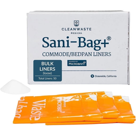 Cleanwaste Medical Grade Sani-Bag+ Commode Liners with Microban, Absorbent Gelling Powder for Urine/Poop, No Odor or Leaks, 1 Box (50 Drawstring Bags)