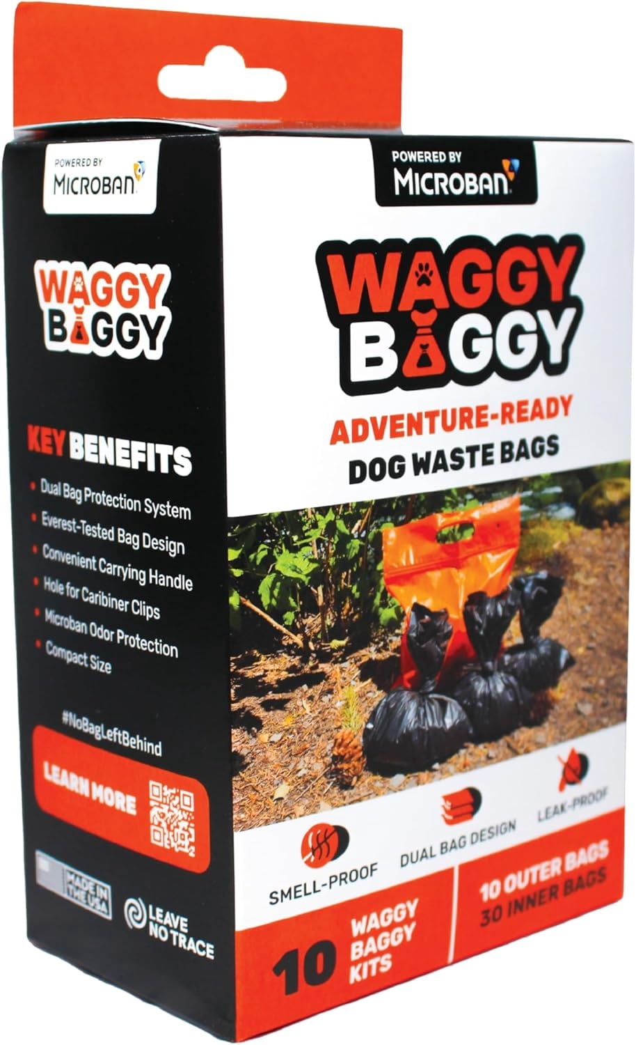 Waggy Baggy, Adventure Ready Dog Waste Bags with Smell-Proof, Dual Bag System, with Convenient Carry Handle, 10ct