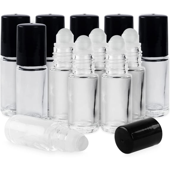 Clear (1/6 Oz/5 ml) Plain Glass Container Tubes Roll-On Bottles with Ball Tips and Black Caps for Homemade Lip Care Products, Essential Oils, Cosmetic Gift, Perfumes (24 Pack)