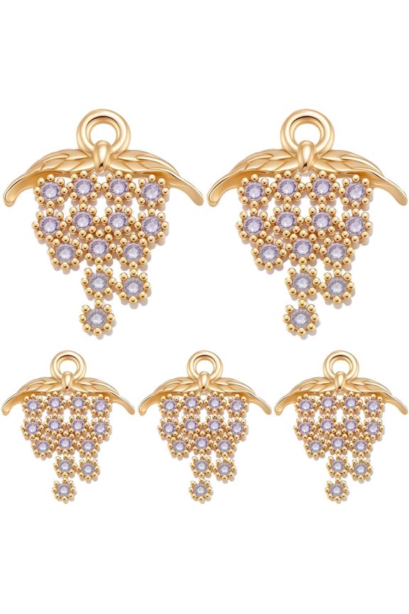 Clear 1 Box 16Pcs Gold Grape Charm Jewelry Fruit Charms Real 18K Gold Plated Brass Shiny Cubic Zirconia Dangle Small Food Pendant Accessories for Jewelry Making Bracelets Necklaces DIY Crafts