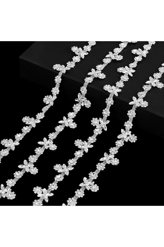 Clear 1 Yard Rhinestone Trim Chain Sliver Applique Stringing Ribbon 17mm Clear Flower Rhinestone Applique Sewing Embellishments Ideal for DIY Dress Clothing Wedding Party Bracelets Crafts