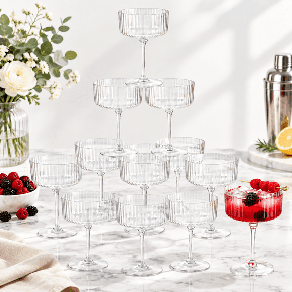 Clear 12 Pack 10oz Ribbed Plastic Disposable Coupe Martini Glasses