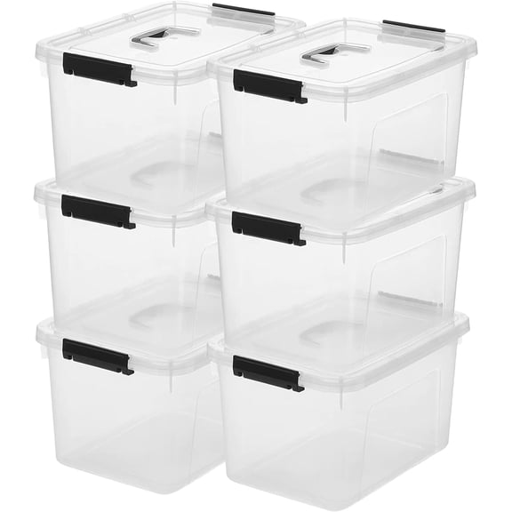 Clear 12 Quart Storage Latch Box with Lid and Black Handles 6-Pack