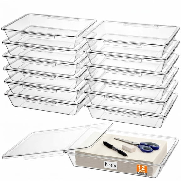 Clear 13x10in 12-Pack Stackable Letter Size Paper Storage Bins With Lids