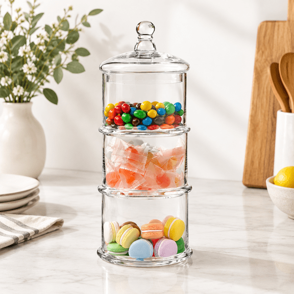Clear 16 Inch 3 Tier Stacked Round Glass Food Storage Jars With Lid