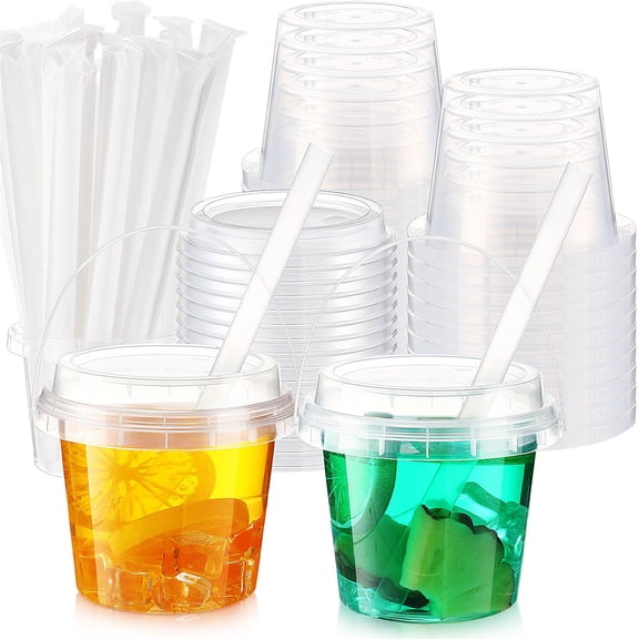 Clear 16 Oz 30 Count Plastic Drink Buckets With Lids and Straws