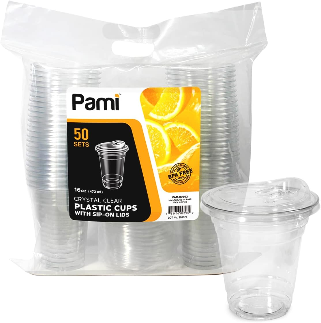 Clear 16oz Plastic Cups With Sip Lids [Pack of 50] BPAFree