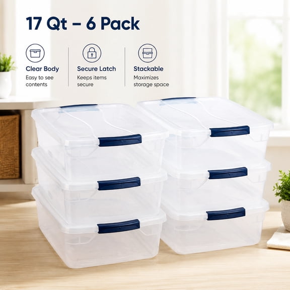 Clear 17 Qt Stackable Storage Bins with Lids, 6-Pack, BPA-Free, Durable Plastic Containers for Home Organization