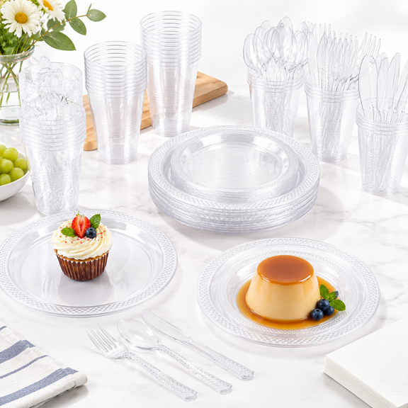 Clear 200 Piece Disposable Plastic Dinnerware Party Supply Set Serves 25 Guests