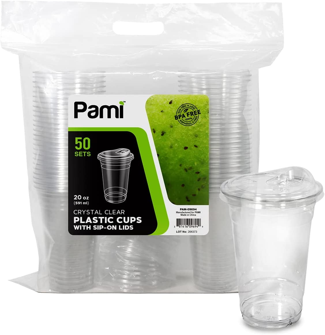 Clear 20oz Plastic Cups With Sip Lids [Pack of 50] BPAFree Disposable Cups for Drinks