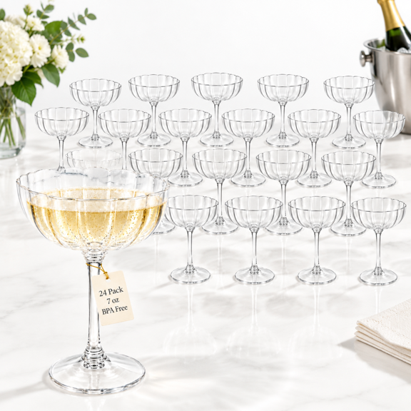 Clear 24 Pack Plastic Martini Glasses with Flower Ribbed Coupe Design