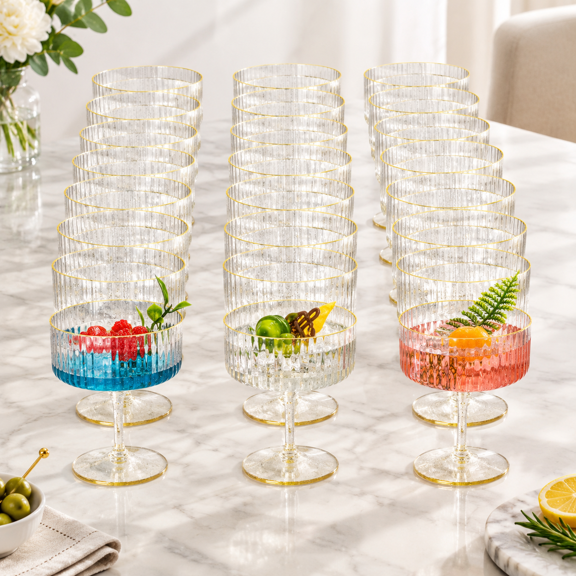 Clear 24 Ribbed 10 Oz Disposable Plastic Martini Glasses for Cocktail Dessert Parties
