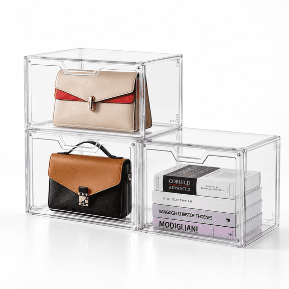 Clear 3-Pack Plastic Purse Storage Chest with Magnetic Door, 16.46 x 13.50 x 5.20 in