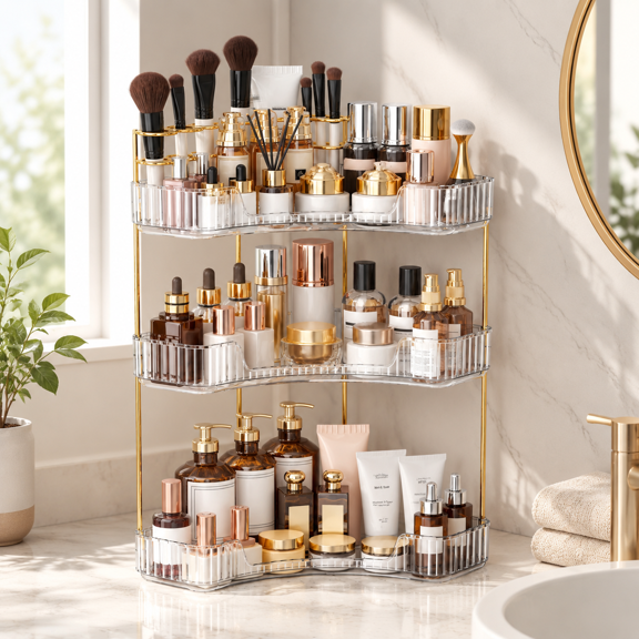 Clear 3 Tier Corner Bathroom Counter Makeup Organizer Vanity Storage