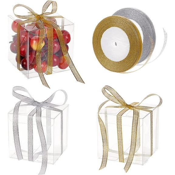 Clear 30Pcs 3.5x3.5x3.5 Clear Plastic Favor Box with 2 Rolls 10mm Wide Gold and Silver Glitter Ribbons for Wedding Party Birthday Candy Choclate Presents