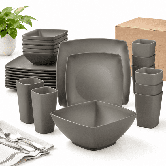Clear 32-Piece Plastic Wheat Straw Square Dinnerware Set for 8