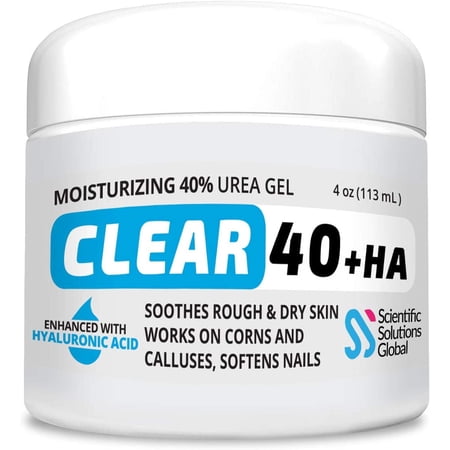 Clear 40 HA, 40% Urea Gel, 1% Hyaluronic Acid, 4 oz w/Tea Tree & Coconut Oil, Aloe Vera, Callus & Corn Remover Softens Cracked Heels, Feet, Elbows, Hands, Nails, Superior Hydration to Urea Creams