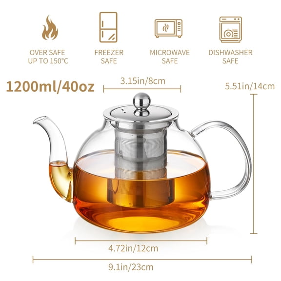 Clear 40OZ Borosilicate Glass Tea Pot with Infuser, Stovetop Safe for Loose Tea