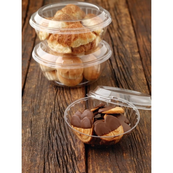 Clear 48 oz Reversible Bowl Combo Pack (Base & Lid), 100 units/cs. This premium, upscale container w/dome lid is perfect for salads, side Items, desserts/pastries.