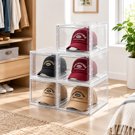 Clear 5 Pack Hat Organizer Boxes Stackable Baseball Cap Storage Containers